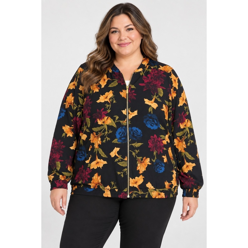 Susan Graver Jacket Women's 2X Black Floral Zip Front Bomber Stretch